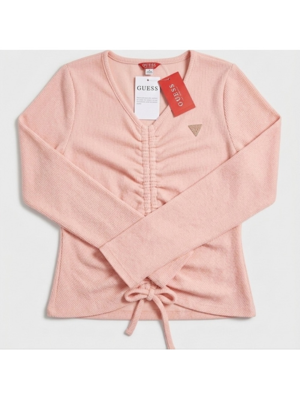 GUESS Blush Pink Ribbed V-Neck Drawstring Top